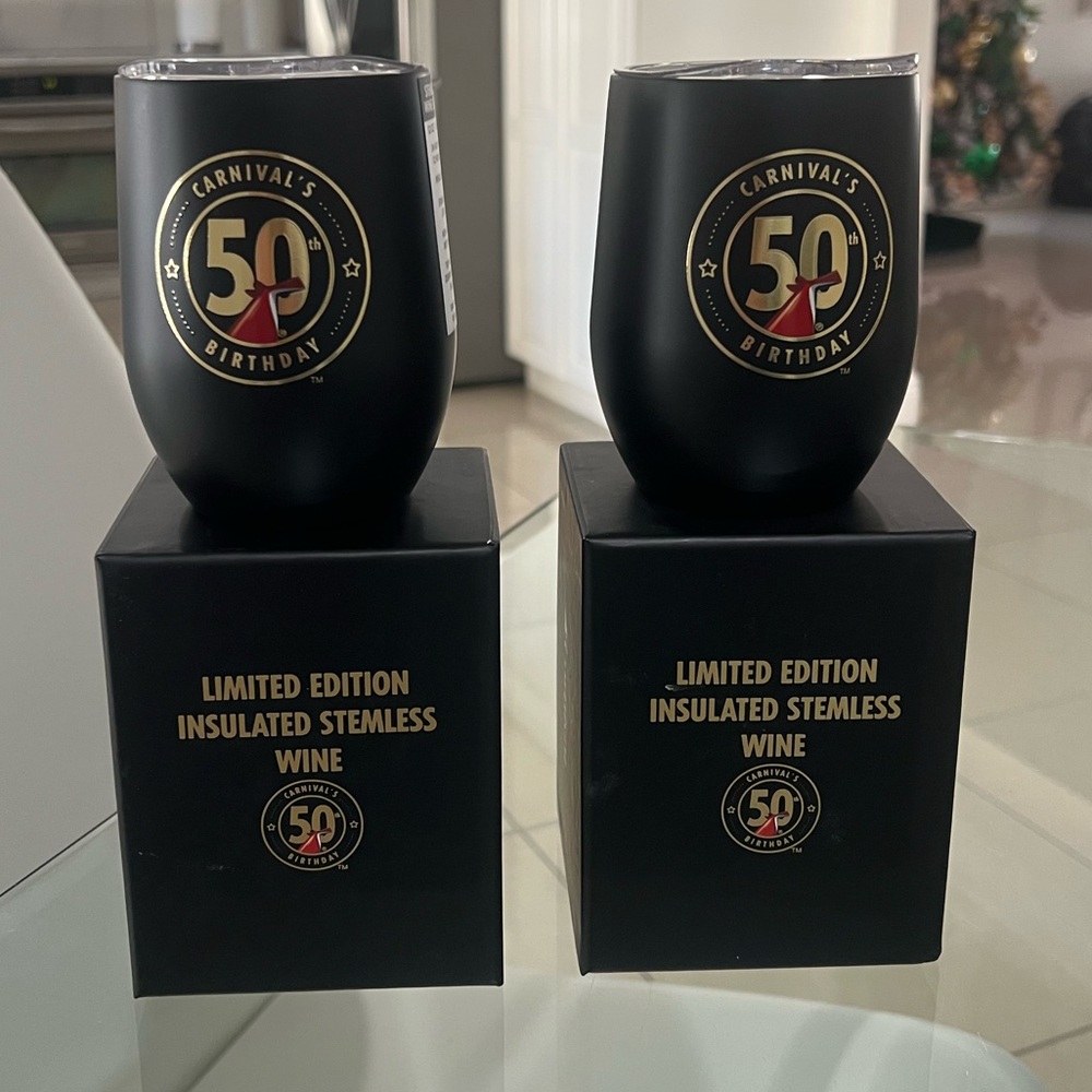 NIB Carnival Cruise Line 50th Sailabration Insulated Stemless Wine tumbler (2)